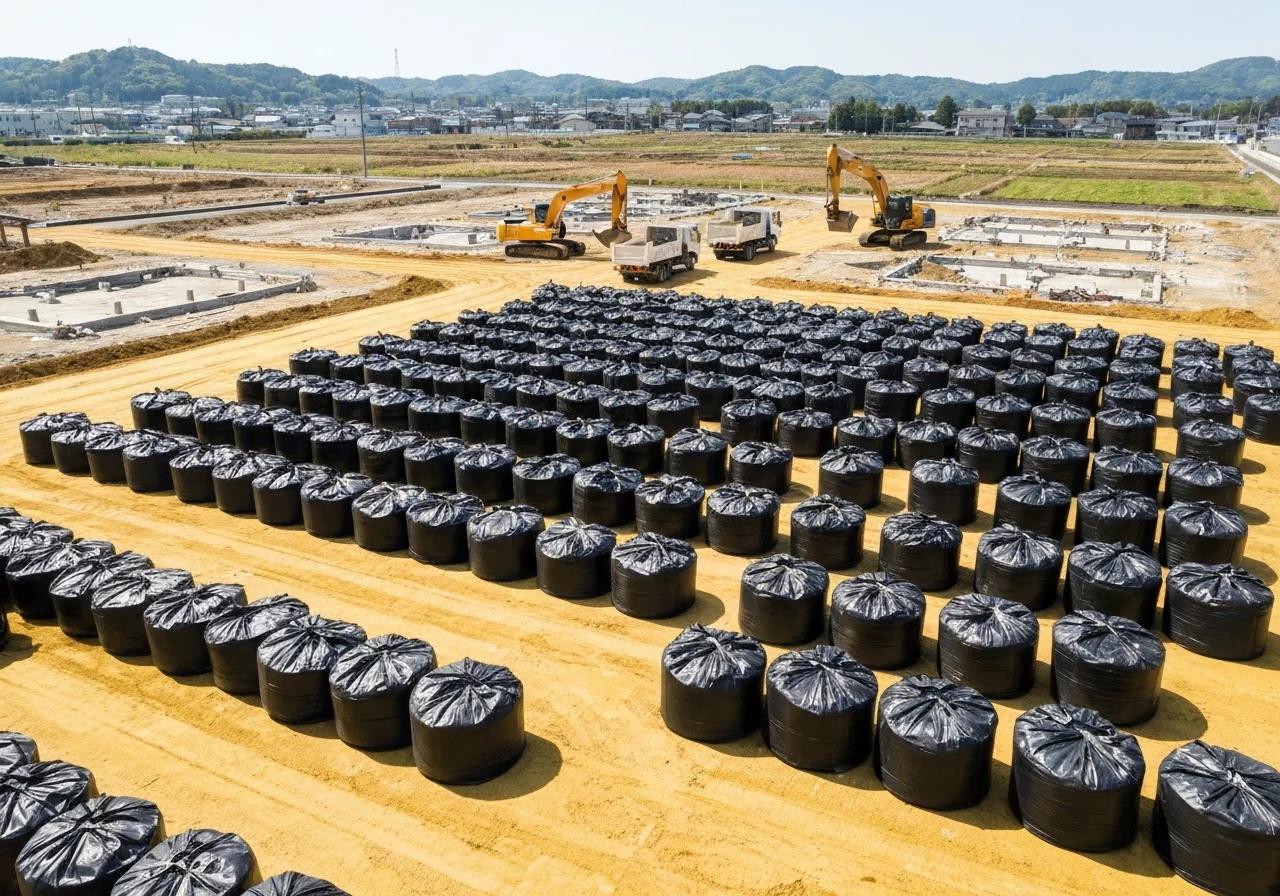 双葉町・浪江町 解体除染工事（フレコンバッグ整列）